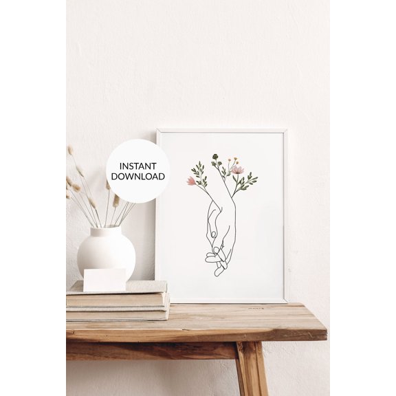 Flower Holding Hands Wall Art Print, Romantic Line Decor
