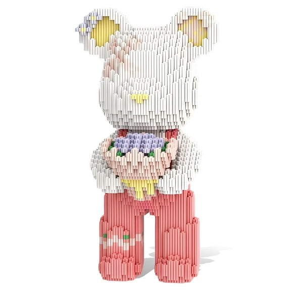 Flower-Holding White Bear Building Blocks Set, Cute Bear Decor, Gift for Birthdays, Decorative Home Office Table Centerpiece Decor