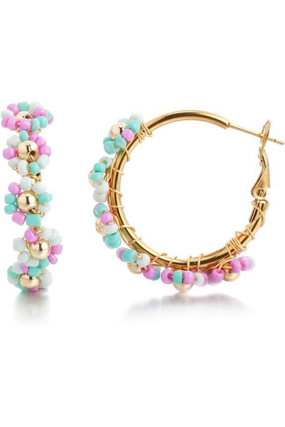 Flower Hoop Earrings, Boho Beaded Hoop Earrings Daisy Hoop Earrings Floral Hoop Earrings[Z1608]