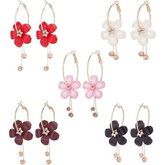 Flower Hoop Earrings White Floral Earrings for Women Boho Gold Dangle Hoop Earrings Rhinestone Flower Hoop Jewelry with Tassel for Women
