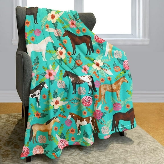 Flower Horse Throw Blanket Horse Green with Flowers Fleece Blanket Soft Warm Cozy for Sofa Couch Bed 50"x60"