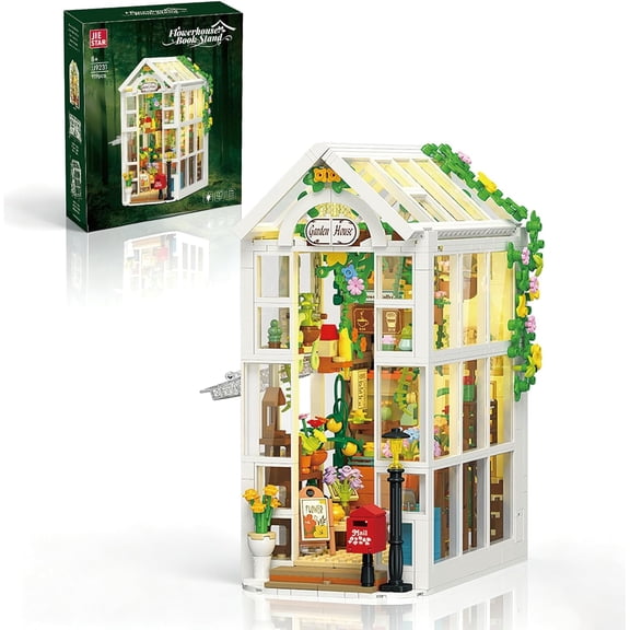 Flower House Book Nook Building Set with LED Light 979 PCS ,Garden Greenhouse Building Kit for Bookshelf Display Decoration, Expandable Book Nook Ideal Gifts
