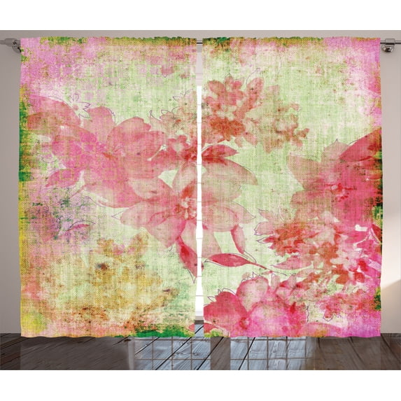Ambesonne Floral Curtains 2 Panel Set, Retro Design Old Grunge, 108" x 90", Pink and Green