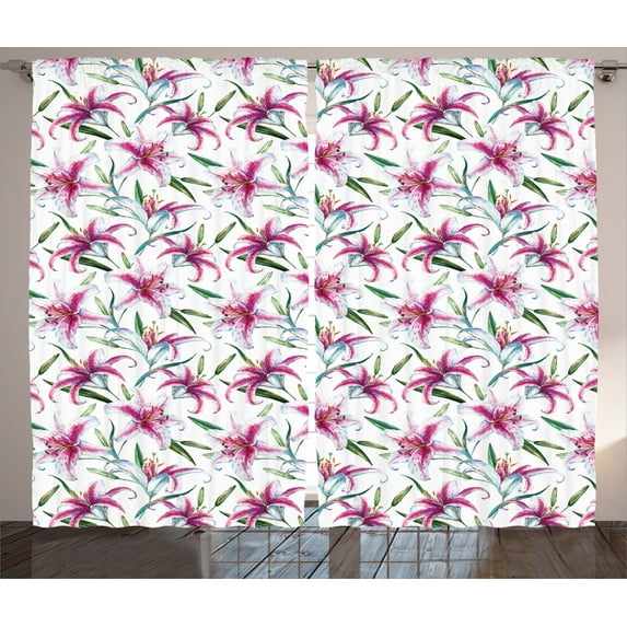 Ambesonne Nature Curtains 2 Panel Set, Vivid Wild Lily Flora, 108" x 90", Purple Green