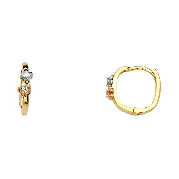 Flower Huggie Hoop Earrings Solid 14k Yellow White Rose Gold CZ Huggies Two Flowers Fancy Small 12 mm