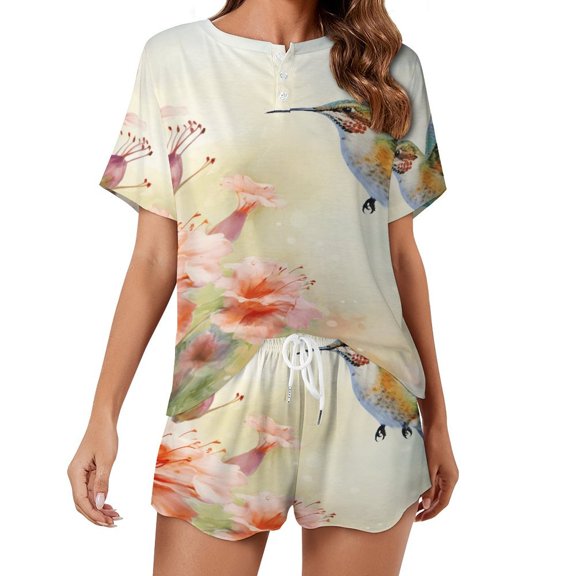 Flower Hummingbird 2 Pack Women’s Pajama Set Print Sleepwear And Shorts Y2k Loungewear Sets S-5XL