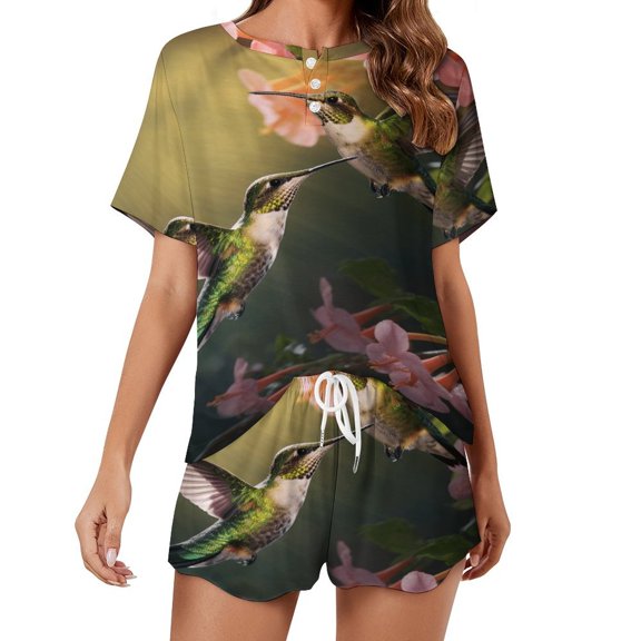 Flower Hummingbird 2 Pack Women’s Pajama Set Print Sleepwear And Shorts Y2k Loungewear Sets S-5XL