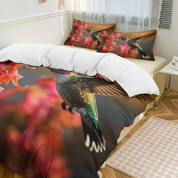 Flower Hummingbird 3 Pieces Duvet Cover with Zipper Closure,Premium Polyester Lightweight Bedding Set