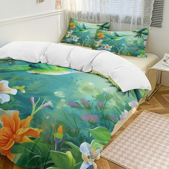 Flower Hummingbird Duvet Cover Set King Size for Bedroom Decoration Print Bedding Set Comforter Cover Decorative Microfiber with 2 Pillow Sham Multicolor