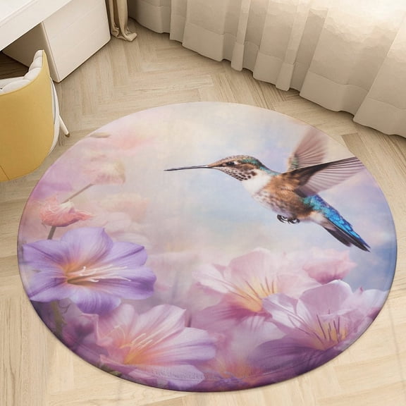 Flower Hummingbird Floral Medallion Round Rug - Small Round Area Rug, Soft Non-Slip Machine Washable Bedroom Mat Indoor Accent Entry Carpet for Office Desk Dorm Hallway