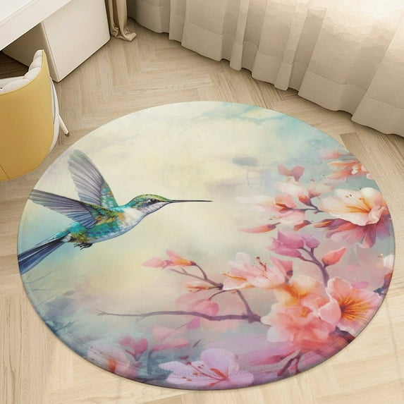 Flower Hummingbird Floral Medallion Round Rug - Small Round Area Rug, Soft Non-Slip Machine Washable Bedroom Mat Indoor Accent Entry Carpet for Office Desk Dorm Hallway