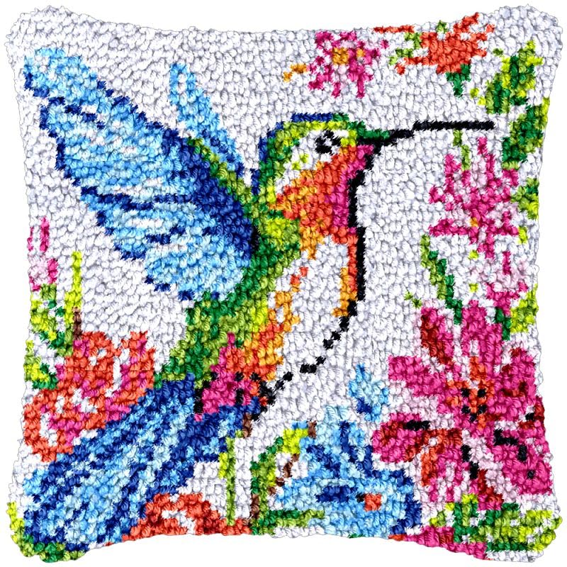 Flower Hummingbird Latch Hook Pillow Cover Kits for Needlework Cushion Throw Pillow Cross Stitch Crochet Hook Pillowcase Rug Kits Printed Canvas Crochet Yarn Kits Needlework 17'' X 17''