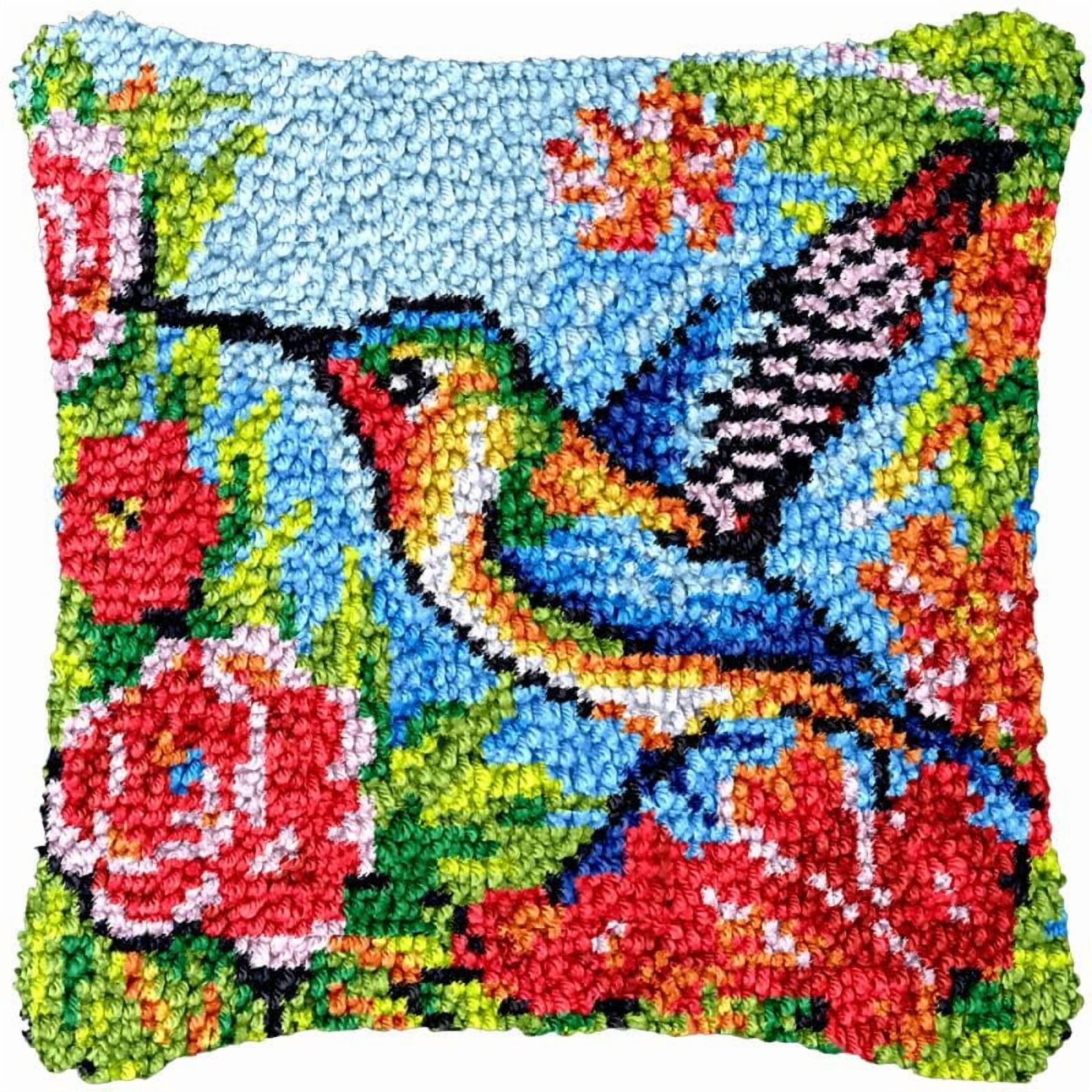 Flower Hummingbird Latch Hook Pillowcase Kits for Adults and Starter DIY Cushion Cross Stitch Latch Hook Rug Kits with Preprinted Canvas Crochet Yarn Kits Needlework Crafts 17'' X 17''