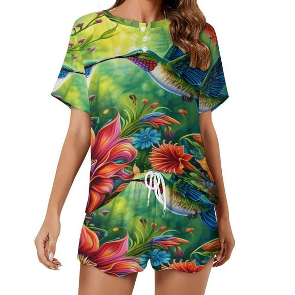 Flower Hummingbird Print Women'S Pajamas Set Summer Sleepwear Sets 2 Piece Lounge Set