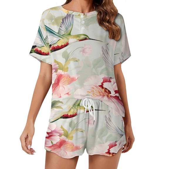 Flower Hummingbird Print Women'S Pajamas Set Summer Sleepwear Sets 2 Piece Lounge Set