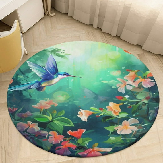 Flower Hummingbird Round Rugs -Washable Non-Slip Small Round Area Rug Throw Soft Circle Rugs for Bedroom, Modern Print Indoor Carpet for Entryway Sofa Living Room