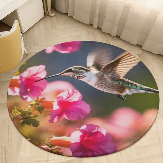 Flower Hummingbird Round Rugs -Washable Non-Slip Small Round Area Rug Throw Soft Circle Rugs for Bedroom, Modern Print Indoor Carpet for Entryway Sofa Living Room