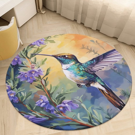 Flower Hummingbird Round Small Area Rug, Print Non Slip Washable Floor Mat, Soft Throw Rug for Living Room, Powder Room Entryway, Bathroom, Bedside