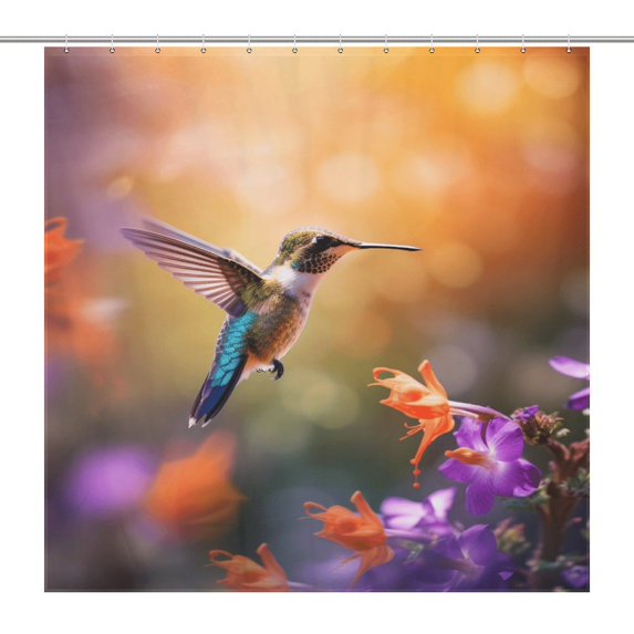 Flower Hummingbird Shower Curtain Cloth Fabric Bathroom Decor with Hooks