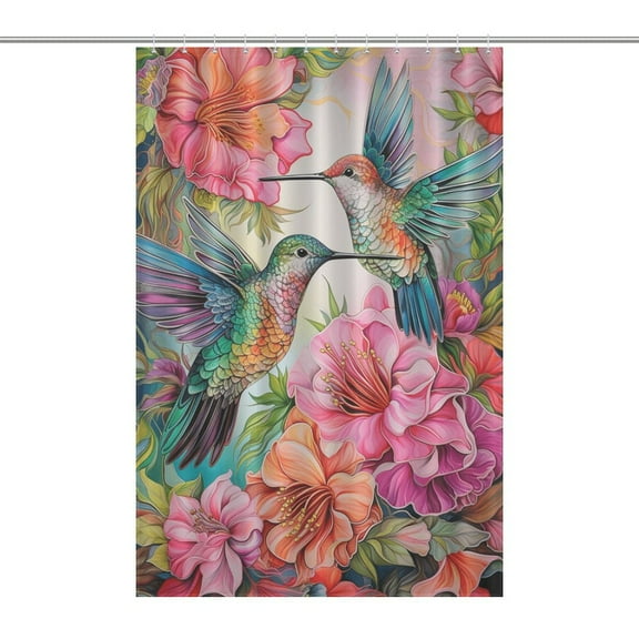 Flower Hummingbird Shower Curtain Cloth Fabric Bathroom Decor with Hooks