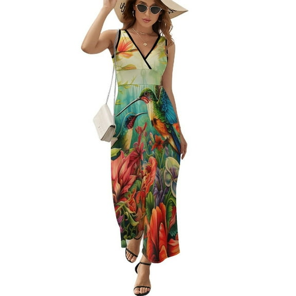 Flower Hummingbird Sleeveless Dress Female Clothing Dress Women Summer 2025 Dress