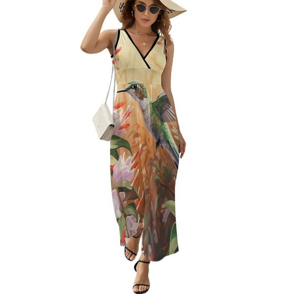 Flower Hummingbird Sleeveless Dress Female Clothing Dress Women Summer 2025 Dress