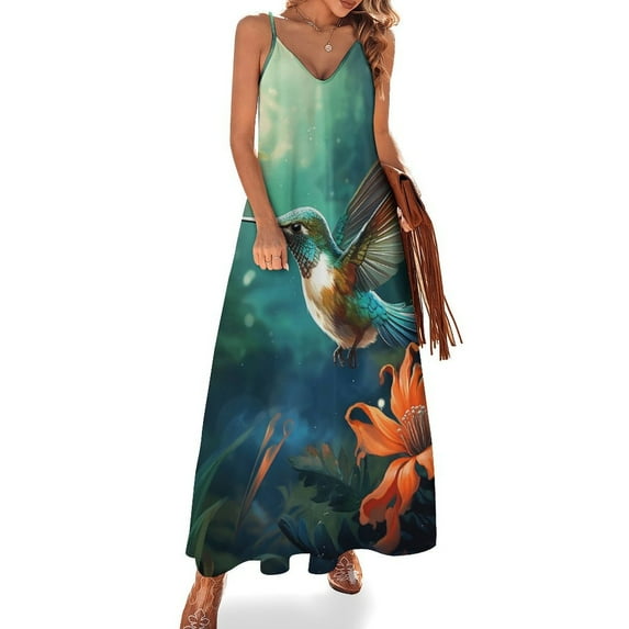 Flower Hummingbird Sleeveless Dress for Women Clothing Female Women's Summer Skirt