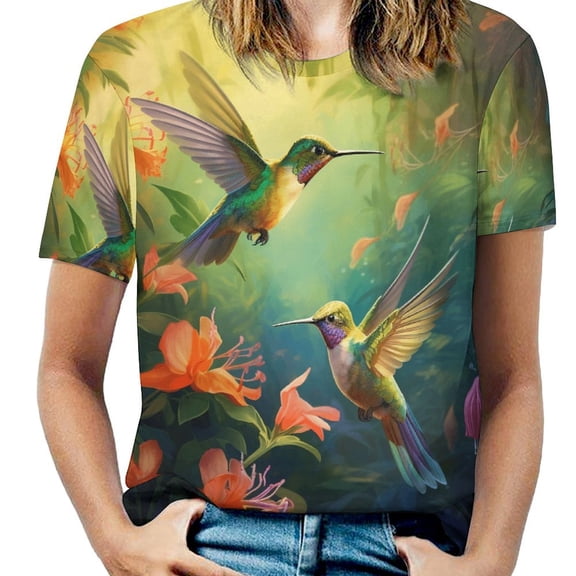 Flower Hummingbird T Shirts Basic T-Shirt Short Sleeve Ladies Tee Shirt Summer Graphic Clothing