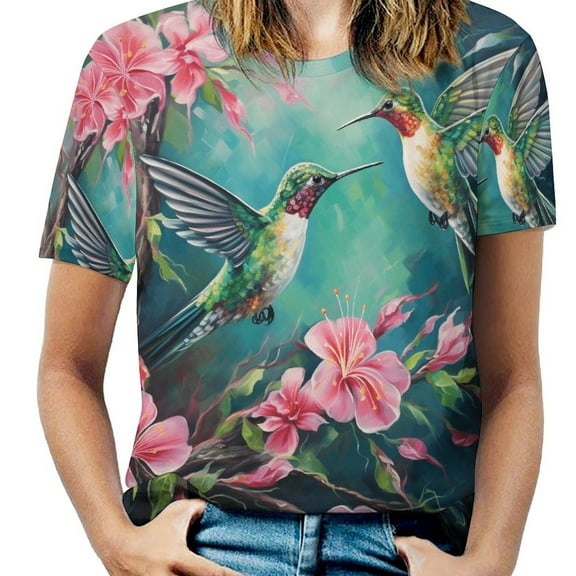 Flower Hummingbird T Shirts Basic T-Shirt Short Sleeve Ladies Tee Shirt Summer Graphic Clothing