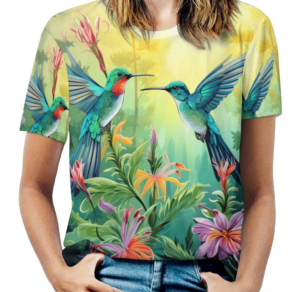 Flower Hummingbird T Shirts Basic T-Shirt Short Sleeve Ladies Tee Shirt Summer Graphic Clothing