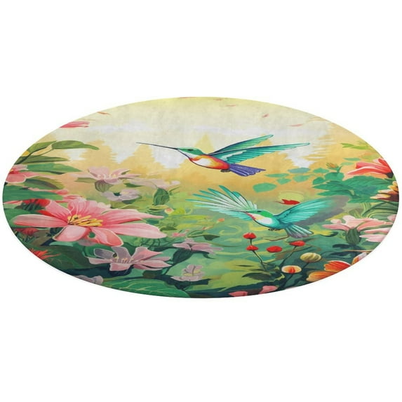 Flower Hummingbird Washable Round Rug -Circle Area Rugs for Nursery Bedroom, Vintage Non Slip Non Shedding Low Pile Carpet for Living Room Coffee Table Entryway