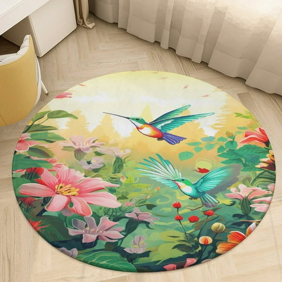 Flower Hummingbird Washable Round Rug -Circle Area Rugs for Nursery Bedroom, Vintage Non Slip Non Shedding Low Pile Carpet for Living Room Coffee Table Entryway