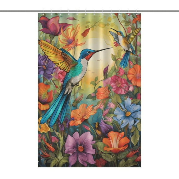 Flower Hummingbird Waterproof Polyester Quick-Drying Shower Curtain for Bathroom with 12 Hooks
