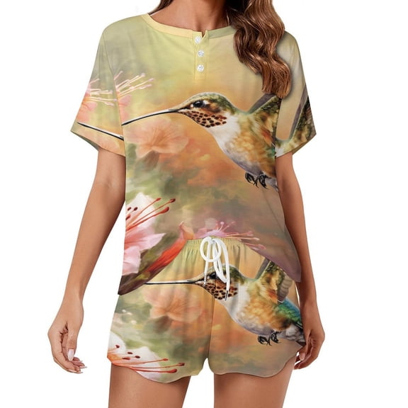 Flower Hummingbird Women's Ruffle Short Sleeve Tops And Shorts Cute Peeps Bunny Pajamas Sets