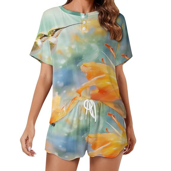 Flower Hummingbird Women's Ruffle Short Sleeve Tops And Shorts Cute Peeps Bunny Pajamas Sets