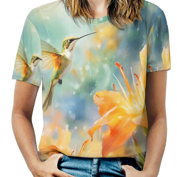 Flower Hummingbird Women's Short Sleeve T-Shirt Crew Neck Casual Summer Trendy Loose Fit Tops