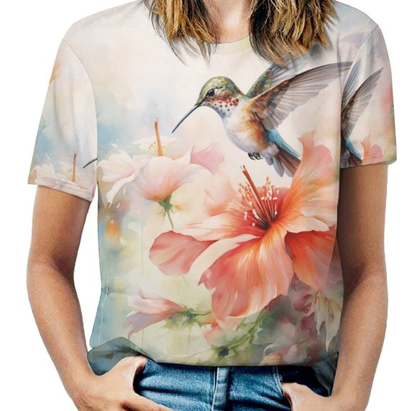 Flower Hummingbird Women's Short Sleeve T-Shirt Crew Neck Casual Summer Trendy Loose Fit Tops