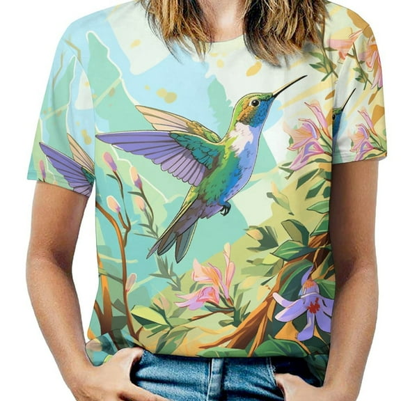 Flower Hummingbird Women's Short Sleeve T-Shirt Crew Neck Casual Summer Trendy Loose Fit Tops