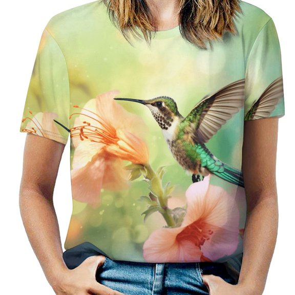 Flower Hummingbird Women's Short Sleeve T-Shirt Crew Neck Casual Summer Trendy Loose Fit Tops
