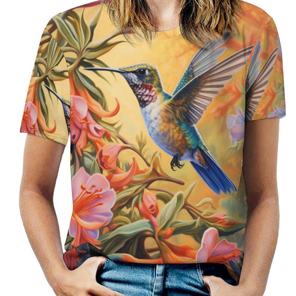 Flower Hummingbird Women's Short Sleeve Tops Casual Blouses T Shirt