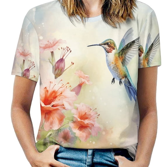 Flower Hummingbird Women's Short Sleeve Tops Casual Blouses T Shirt