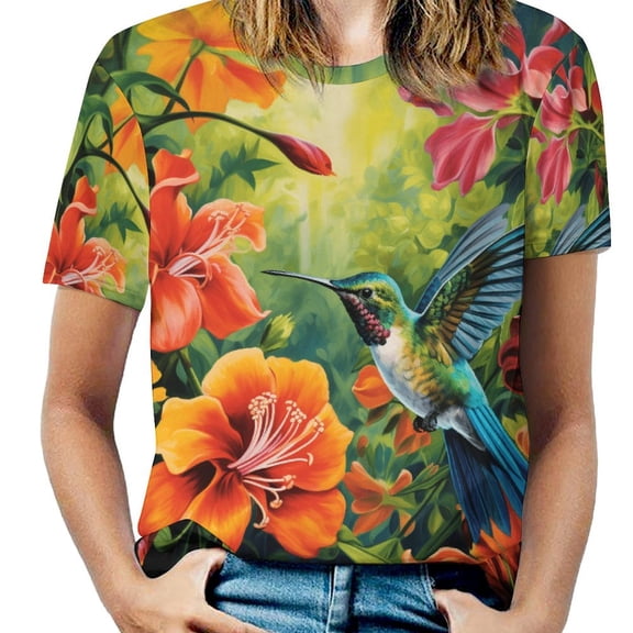 Flower Hummingbird Women's Short Sleeve Tops Casual Blouses T Shirt
