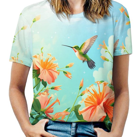 Flower Hummingbird Women's Short Sleeve Tops Casual Blouses T Shirt