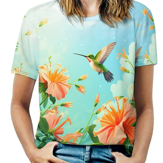 Flower Hummingbird Women's Short Sleeve Tops Casual Blouses T Shirt