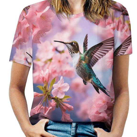 Flower Hummingbird Women's Short Sleeve Tops Casual Blouses T Shirt