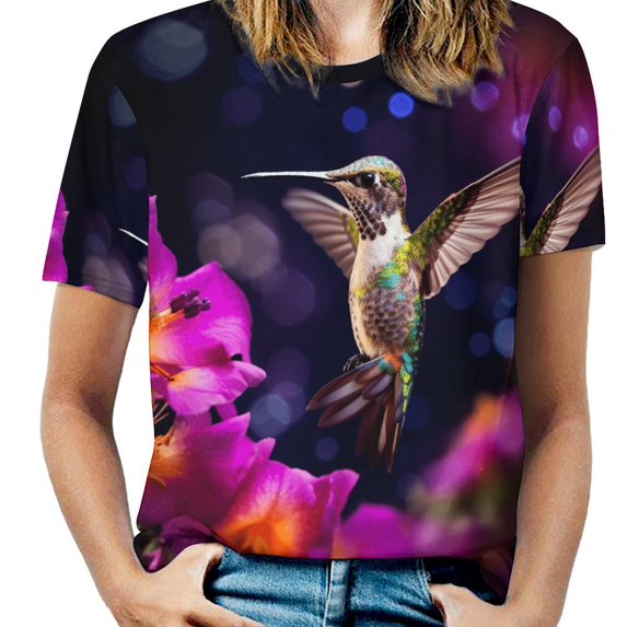 Flower Hummingbird Women's Short Sleeve Tops Casual Blouses T Shirt