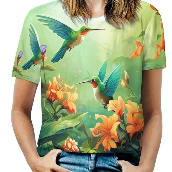 Flower Hummingbird Women's T-Shirt Short Sleeve T Shirts Tops Tee Ladies Loose T