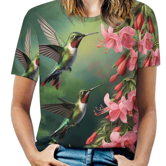 Flower Hummingbird Women's T-Shirt Short Sleeve T Shirts Tops Tee Ladies Loose T