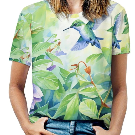 Flower Hummingbird Women's T-Shirt Short Sleeve T Shirts Tops Tee Ladies Loose T