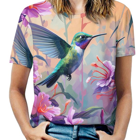 Flower Hummingbird Womens Tops Women's Fashion Casual Short Sleeve Flower Print Round Neck Pullover Top Blouse
